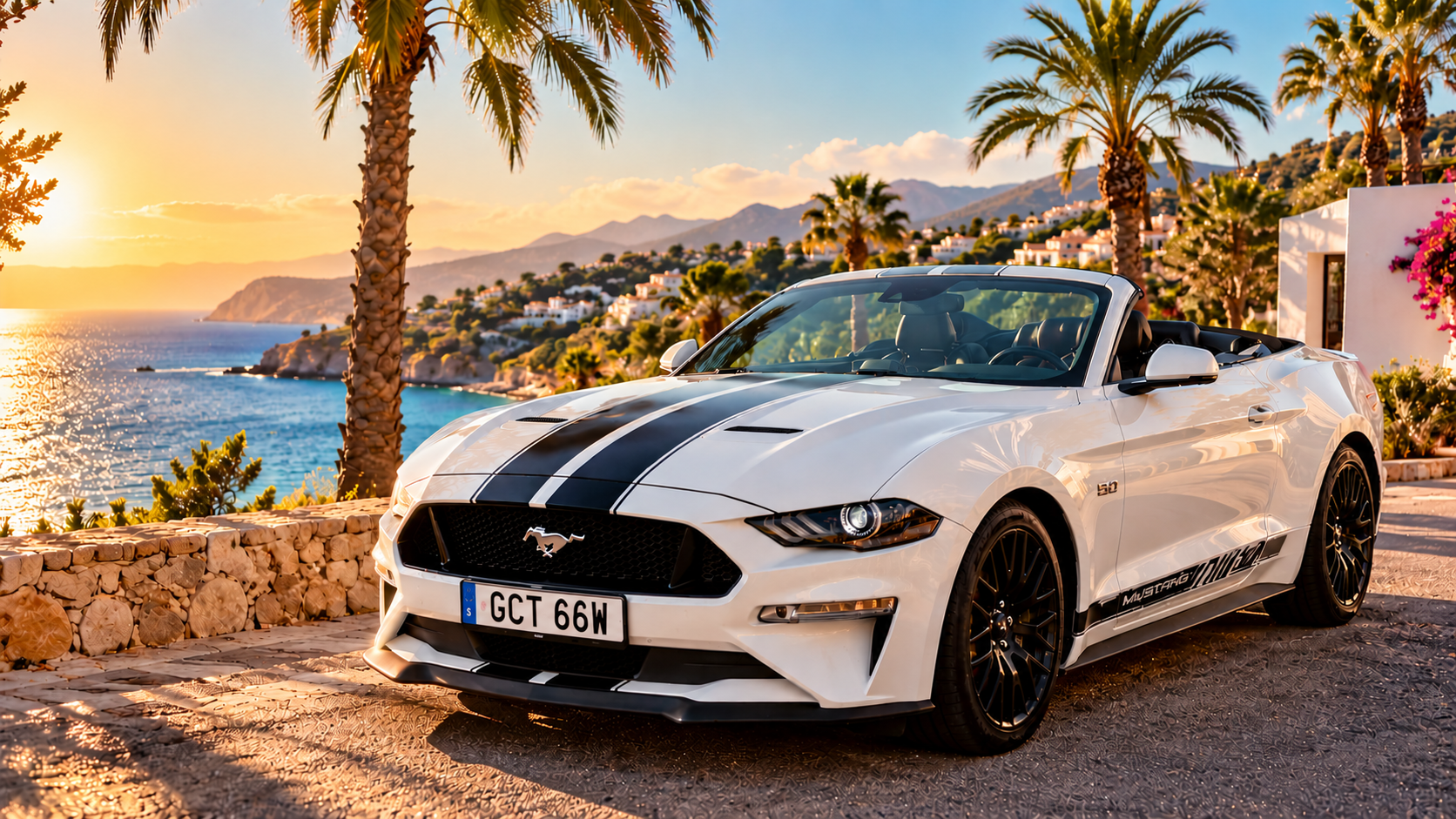 White Ford Mustang convertible on the Mediterranean coast
